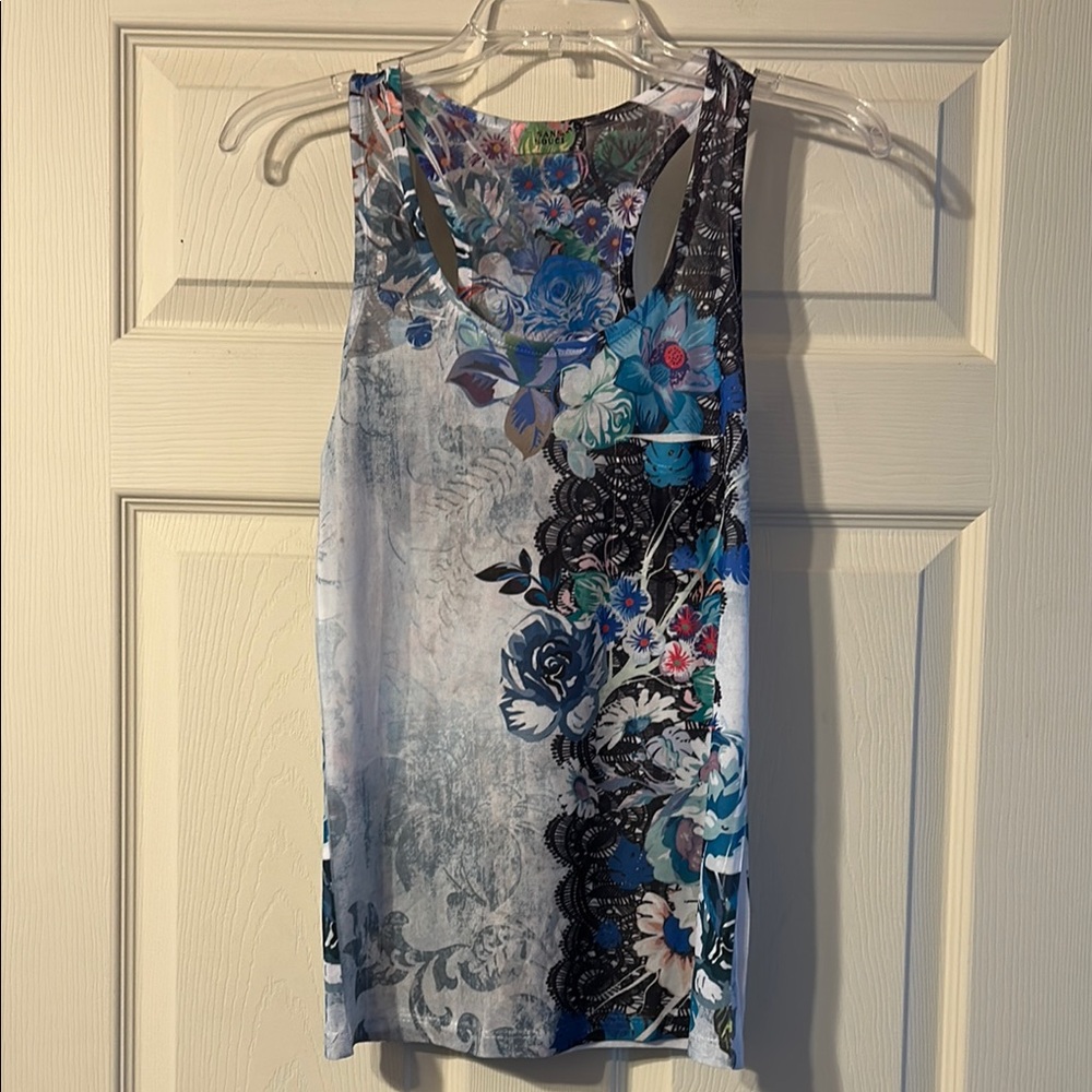 Sans Souci Floral Lace Tank Top Blue and Black